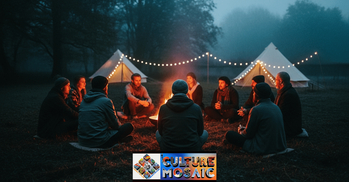 A small group of people gathered around a campfire in a forest at a transformative micro festival, emphasizing community and connection.
