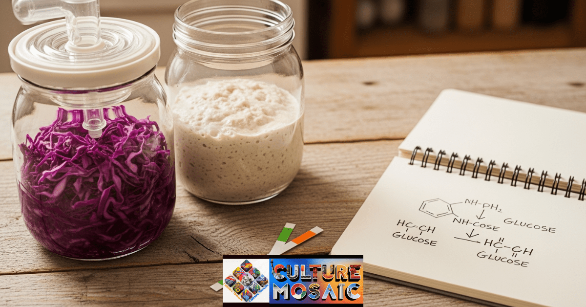 A kitchen fermentation setup with sauerkraut, sourdough starter, and pH testing strips illustrating kitchen microbiology.