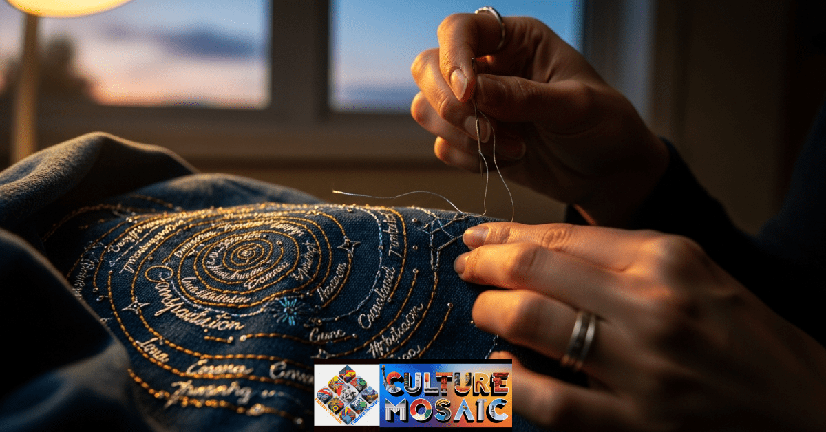 Close-up of hands embroidering a personal 'star map' onto a jacket, representing artisanal stitch narratives.