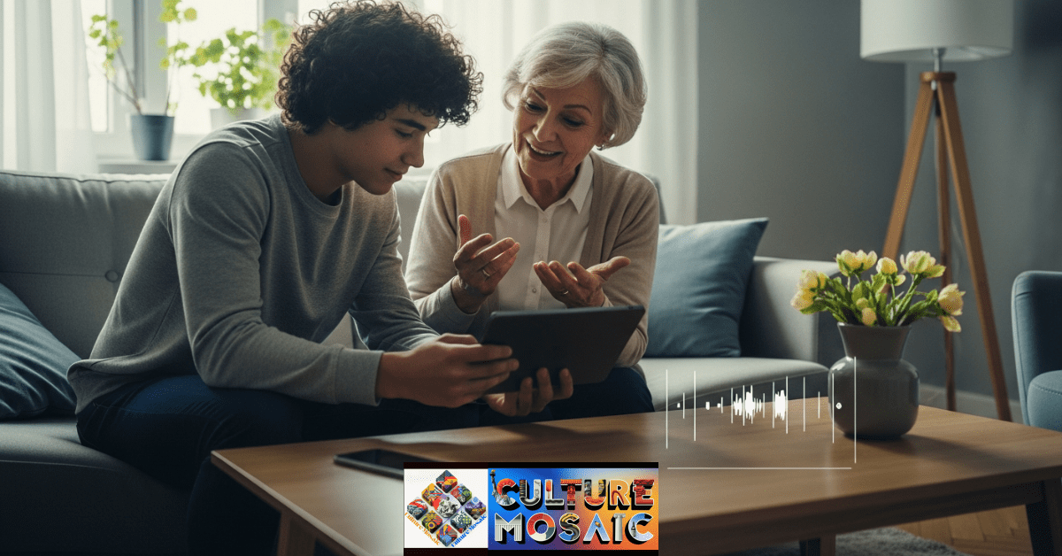 A teenager recording an elderly relative's stories on a smartphone, illustrating intergenerational storytelling in a warm home setting.