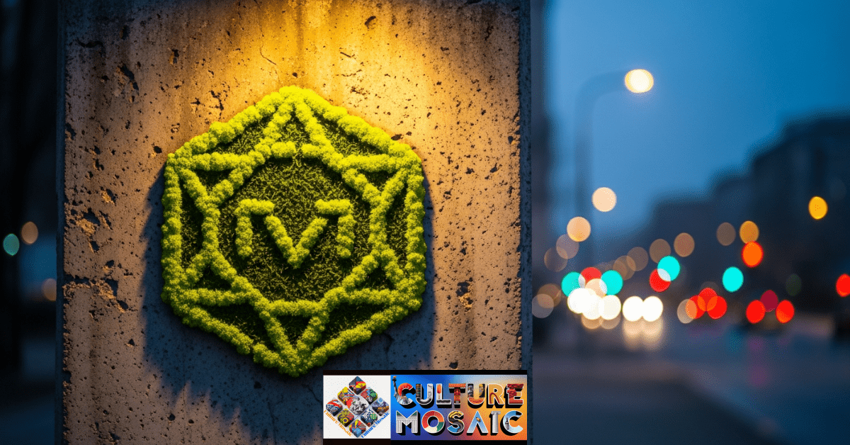 A vibrant moss graffiti mural on a concrete urban wall, showcasing sustainable urban art at night.