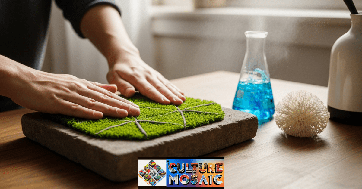 Close-up of hands crafting a moss mural alongside glowing algae and mycelium sculptures in a sunlit bio-art studio.