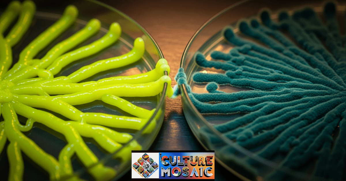 A close-up of a bio-art petri dish showing the battle between intentional slime mold and accidental mold contamination.