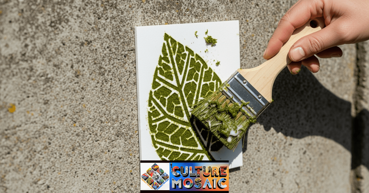 A professional artist applying thick moss slurry to a concrete wall using the dabbing technique and a rigid stencil.