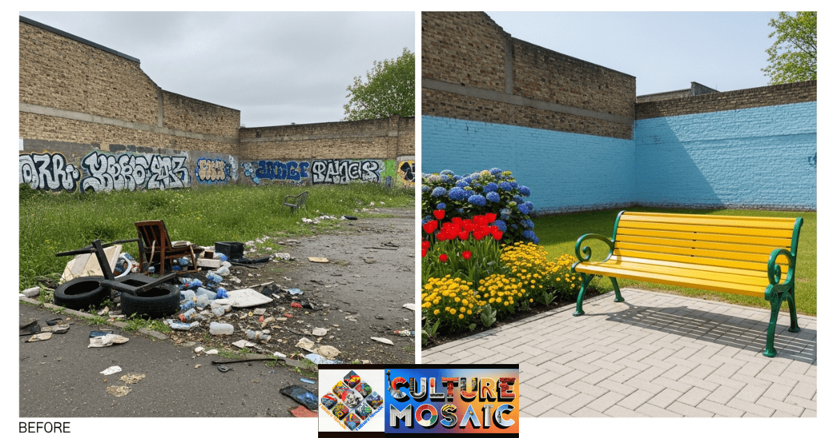 Before and after comparison of an urban lot, demonstrating the impact of the micro-win strategy in community advocacy.
