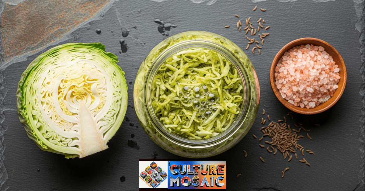 A jar of freshly fermented sauerkraut next to cabbage and sea salt, demonstrating traditional food preservation.
