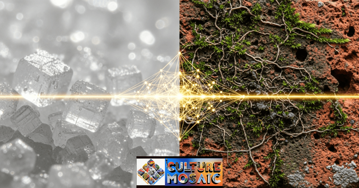 A conceptual diagram showing how sugar crystals form a physical and energetic matrix for moss anchoring on a brick wall.