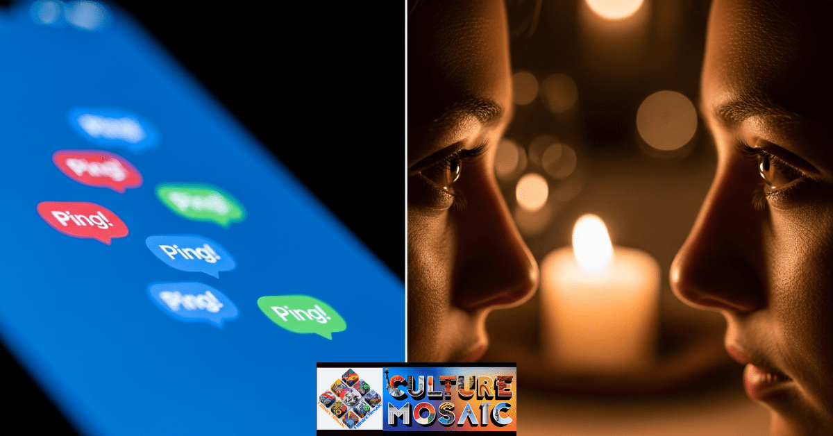 A visual comparison between digital distractions and the calm of human connection during family dinner traditions.