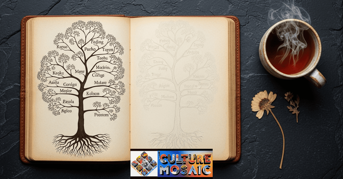 A hand-drawn family tree in a journal, showing the process of identifying missing pieces in family history.