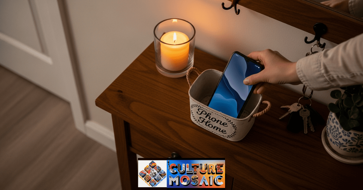 Implementing a 'Phone Home' basket as part of a family no-phone dinner guide.