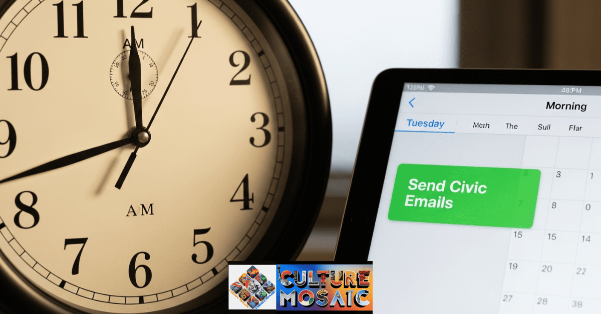A clock and digital calendar highlighting Tuesday morning as the best time for local government engagement.