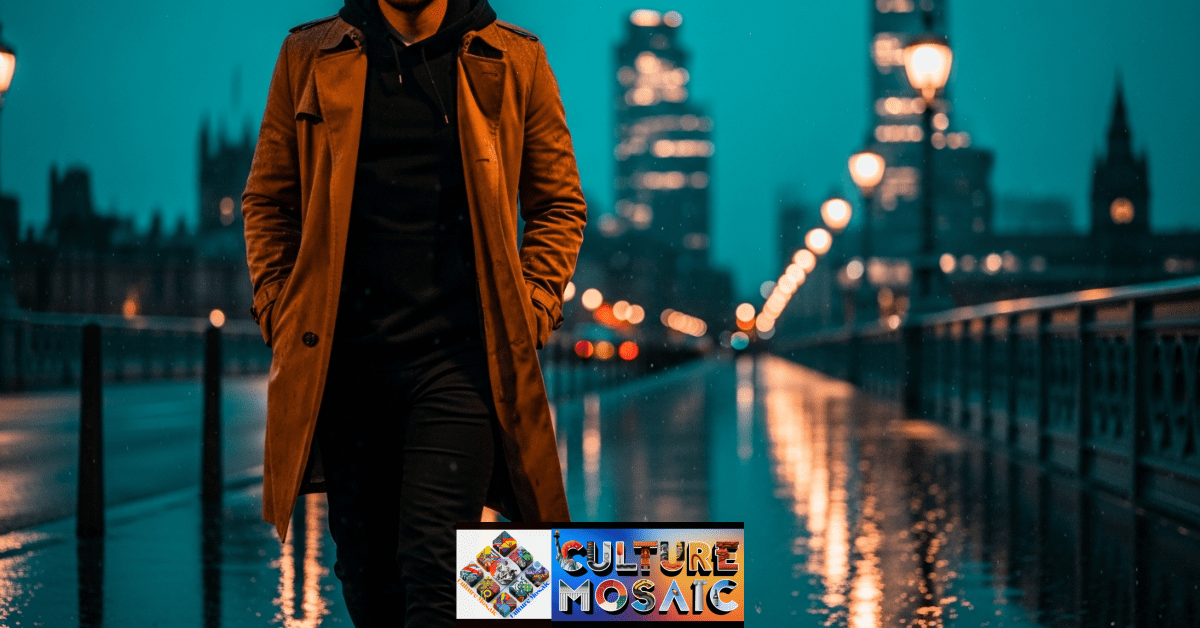 A man styling a classic beige trench coat with a modern hoodie on a rainy London street.