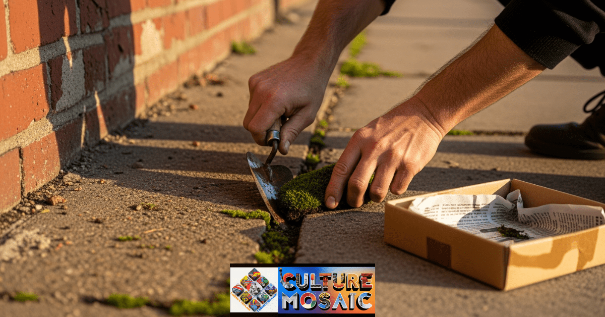 Sustainable sourcing of urban moss from a sidewalk for a bio-art mural project.