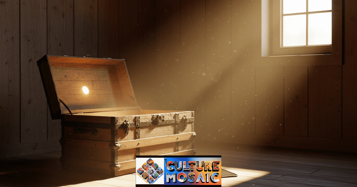 An old family trunk and a modern tablet in a sunlit attic, representing the bridge between family secrets and healing.