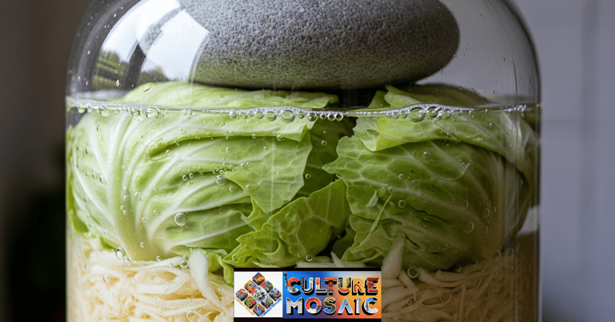 A river stone used as a traditional fermentation weight to keep cabbage submerged under brine.