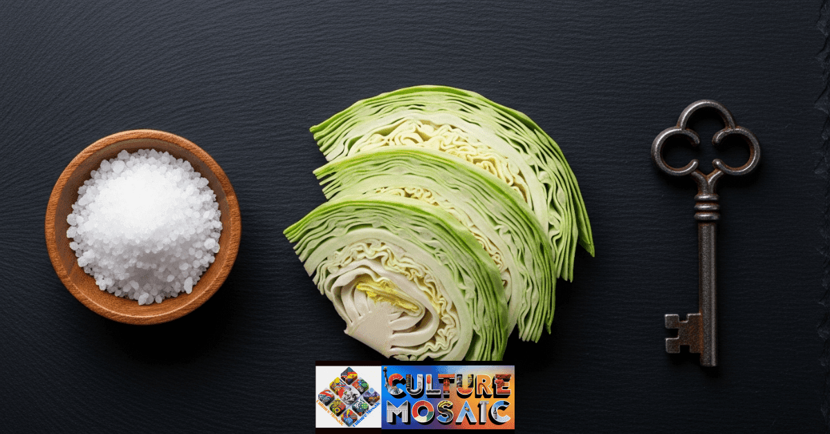 Cabbage, salt, and a key arranged neatly, representing the three philosophical keys to a fermented life.