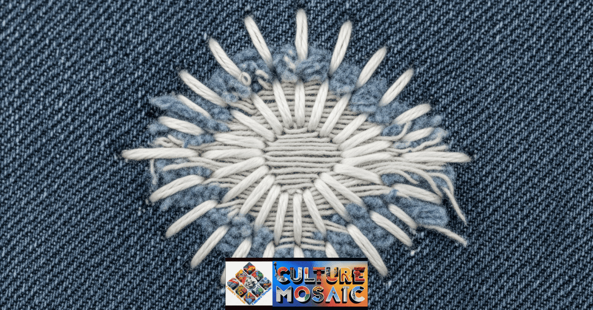 Macro shot of Sashiko visible mending on denim, turning a tear into an artistic narrative stitch.