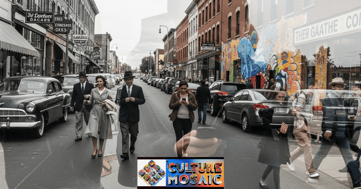 A double-exposure of a city street past and present, representing the coexistence of multiple truths in community history.