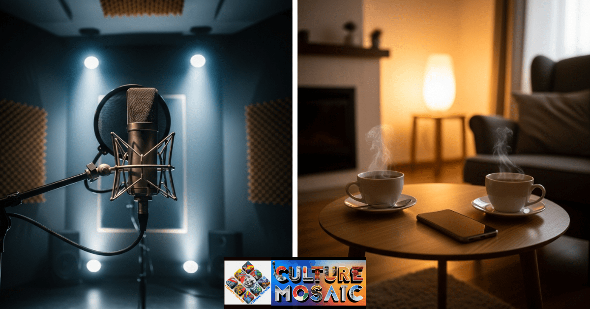 Comparison of an intimidating professional studio versus a cozy, informal setting for family interviews.