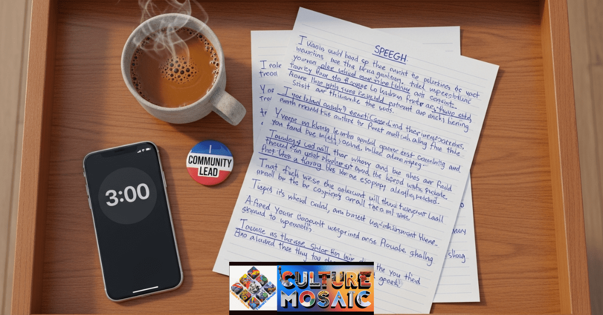 A timed 3-minute public speaking script and phone timer, prepared for a local town hall meeting.