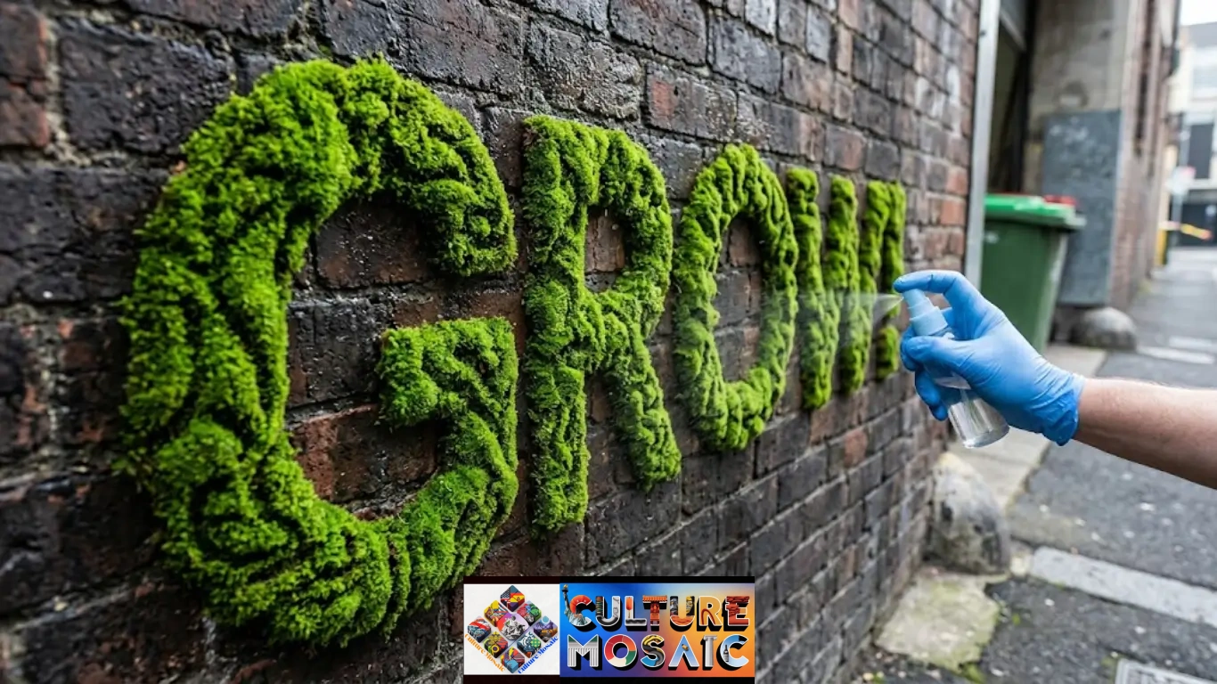 sustainable urban art: Close-up of vibrant living moss graffiti forming the word GROW on a weathered urban brick wall, being misted by a hand.