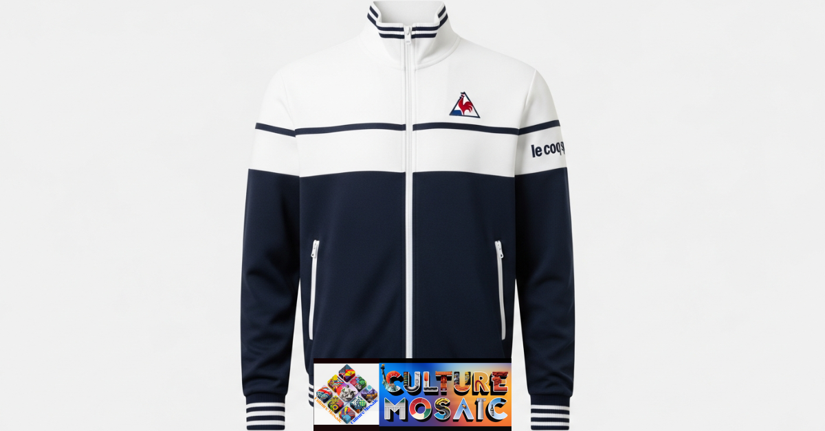 Front view of the 2026 ルコック テニス Neo Heritage Jacket in navy and white, featuring sustainable technical fabric and vintage French tennis styling.