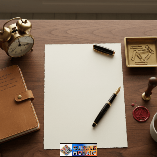A dedicated analogue correspondence desk with cotton paper, a fountain pen, and a mechanical clock.