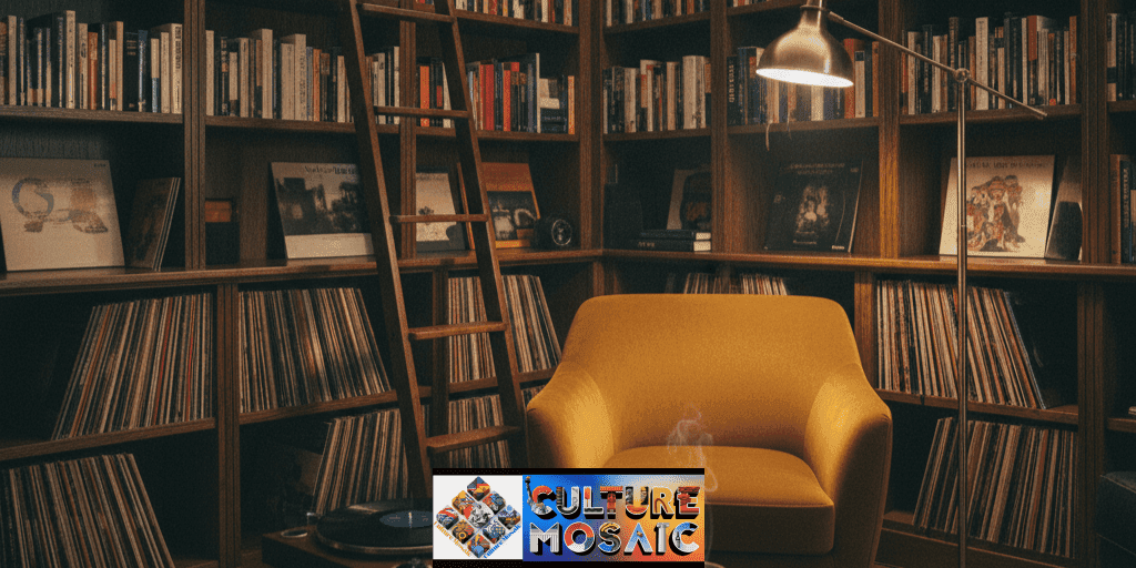 A sprawling Analogue Maximalist living room with floor-to-ceiling bookshelves, a library ladder, and a vintage turntable.