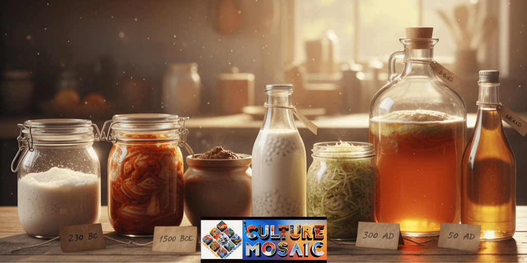 A heritage collection of 7 proven ancestral fermented foods in traditional jars, representing global microbial history.