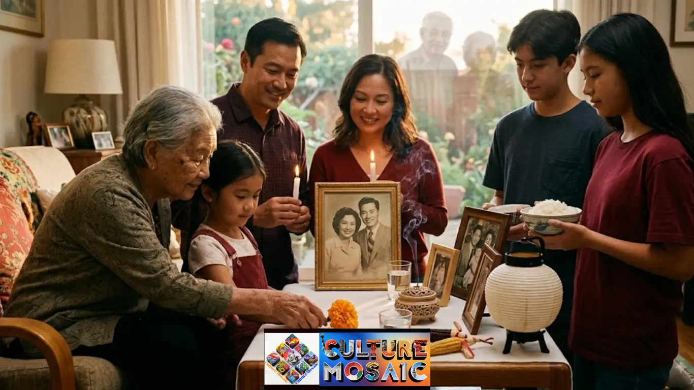 A multi-generational family of six, including an elderly woman and young children, are gathered around a home altar honoring deceased relatives, visualizing the theme of Ancestral Gathering Traditions. They are placing marigold flowers and food offerings on the white table.