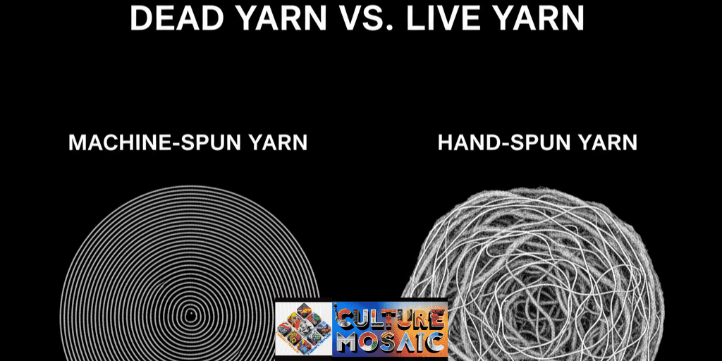 Microscopic comparison of yarn structures defining ethical textile provenance: a uniform, tightly wound "dead" machine-spun yarn versus a breathable, irregular "live" hand-spun yarn showing microscopic air pockets and fiber resilience.