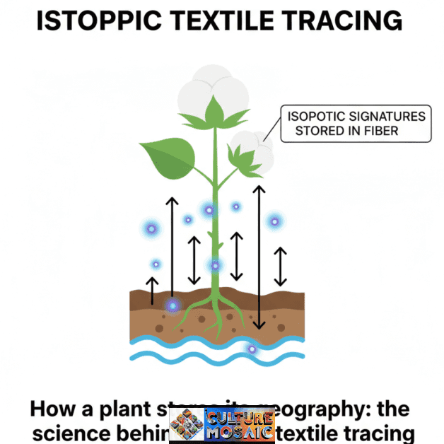 A scientific diagram illustrating ethical textile provenance through isotopic textile tracing; showing how a cotton plant absorbs unique environmental isotopes from soil and water, storing a geographical "fingerprint" within the fiber cells.