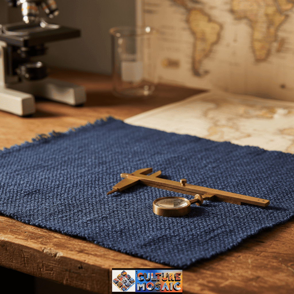 A high-magnification jeweler's loupe and antique calipers inspecting a hand-loomed, naturally dyed indigo textile on a workbench, symbolizing the forensic approach to ethical textile provenance and craft.