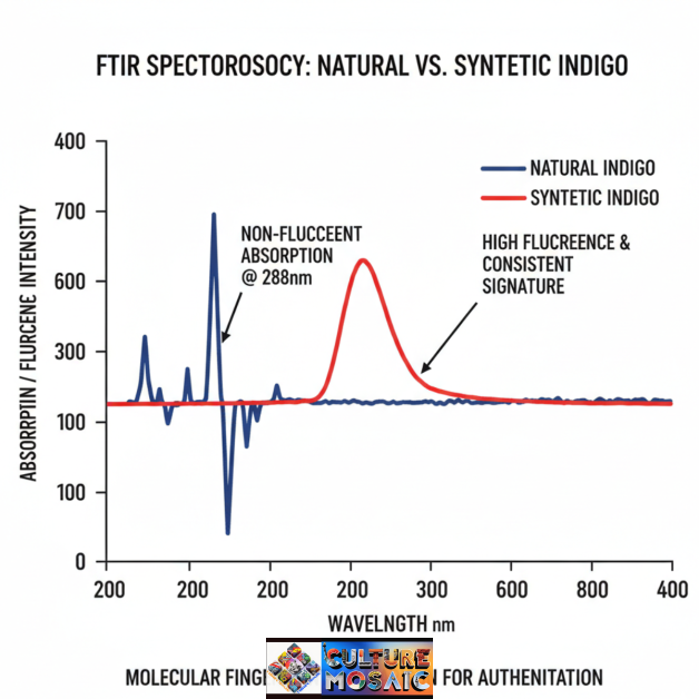 Forensic FTIR spectroscopy graph comparing natural versus synthetic indigo dye molecular authentication markers for textile provenance