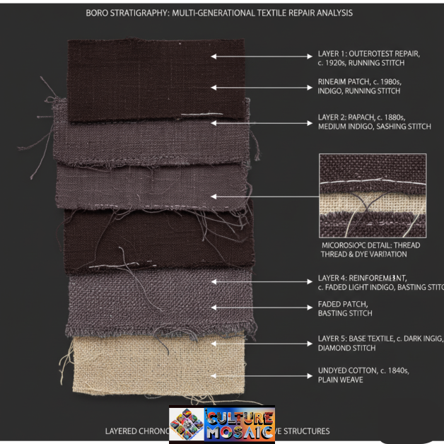 Forensic textile stratigraphy of Boro repair layers showing temporal provenance markers through varied fiber types and dye chemistry authentication