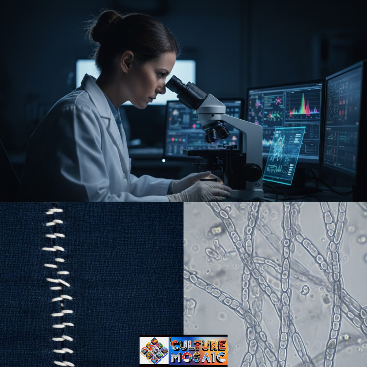 A split-screen composition for forensic textile provenance featuring a scientist in a lab examining a specimen under a microscope, a close-up of traditional indigo boro stitching, and a high-magnification microscopic view of textile fibers