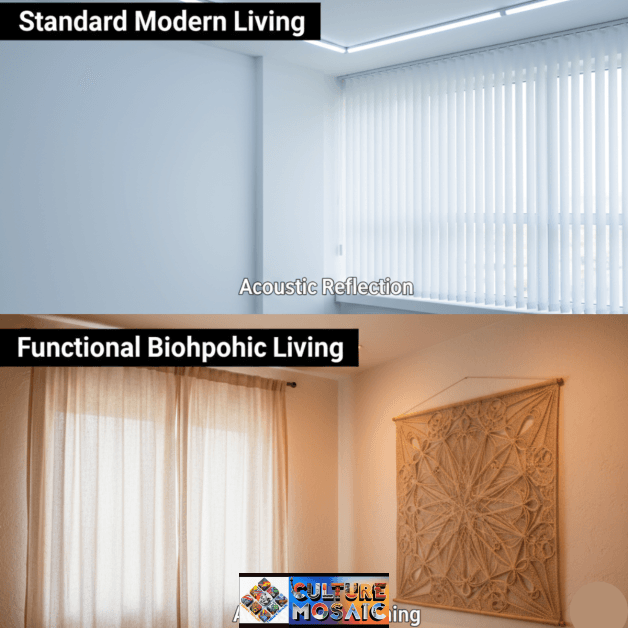 Comparison chart between standard synthetic interiors and functional biophilic decor designed for circadian health and stress reduction. Functional Biophilic Decor for Circadian Health