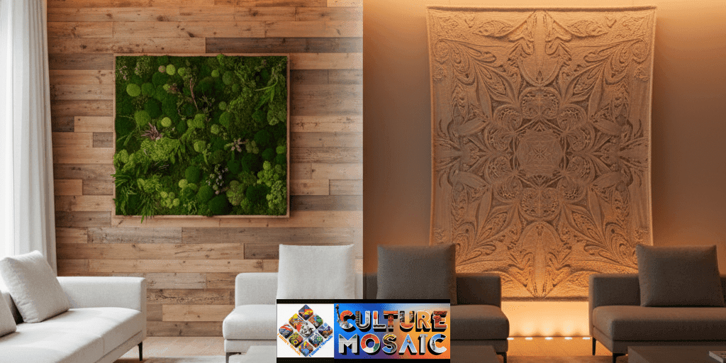 A split-lighting interior shot demonstrating functional biophilic decor for circadian health, featuring natural wood, moss panels, and amber-shift lighting.