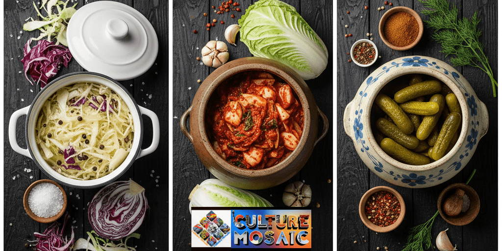 A triptych showing a German water-seal crock, a Korean onggi jar, and an American salt-glazed crock, representing global fermentation traditions.