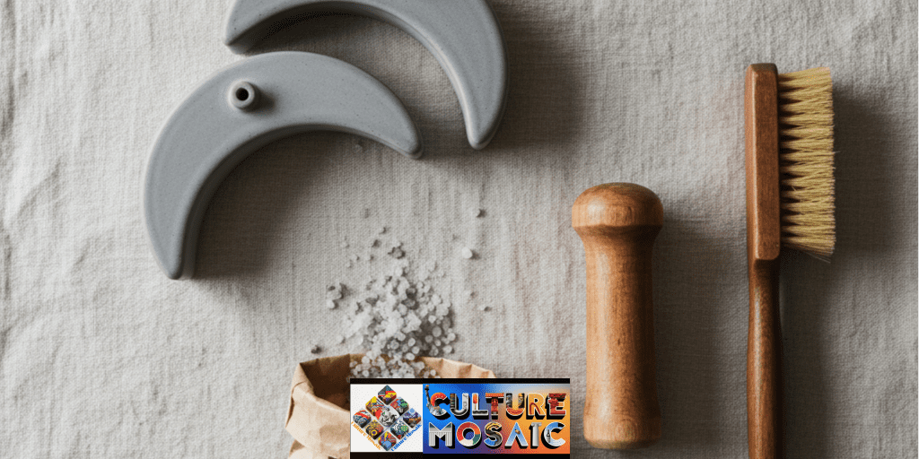 Overhead view of essential heritage fermentation tools: ceramic weights, unrefined sea salt, and a natural fiber cleaning brush on a linen background.