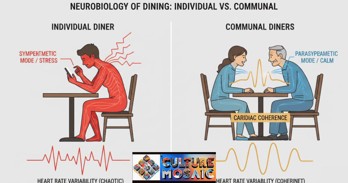 Medical diagram comparing the stressed nervous system of a solo eater with the synchronized heart rates of communal diners.