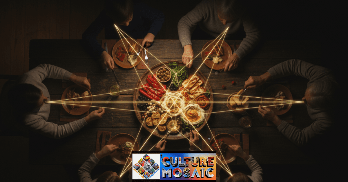 Overhead forensic-style view of a communal meal with digital overlays showing social connection vectors and the restorative threshold.