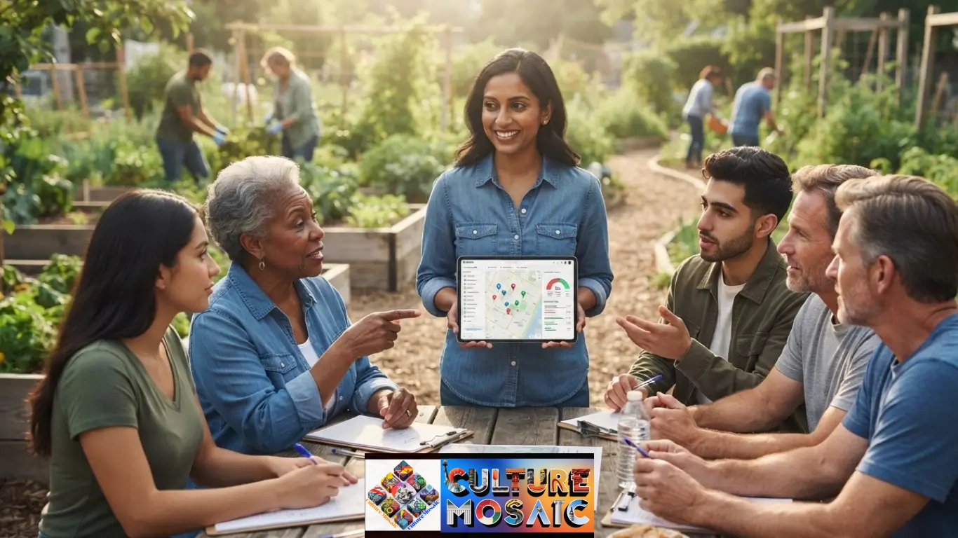 Hyperlocal Digital Deliberation: Community members using interactive tools on a tablet for hyperlocal digital deliberation in their neighborhood.