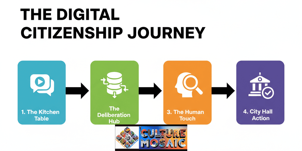 Process flowchart illustrating how a neighborhood complaint transforms into official city policy through digital deliberation stages.