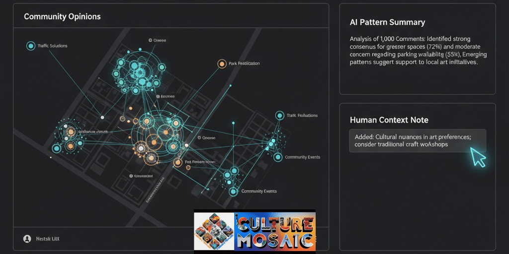 A digital dashboard showing the collaboration between AI pattern recognition and human moderator context in a community deliberation platform.