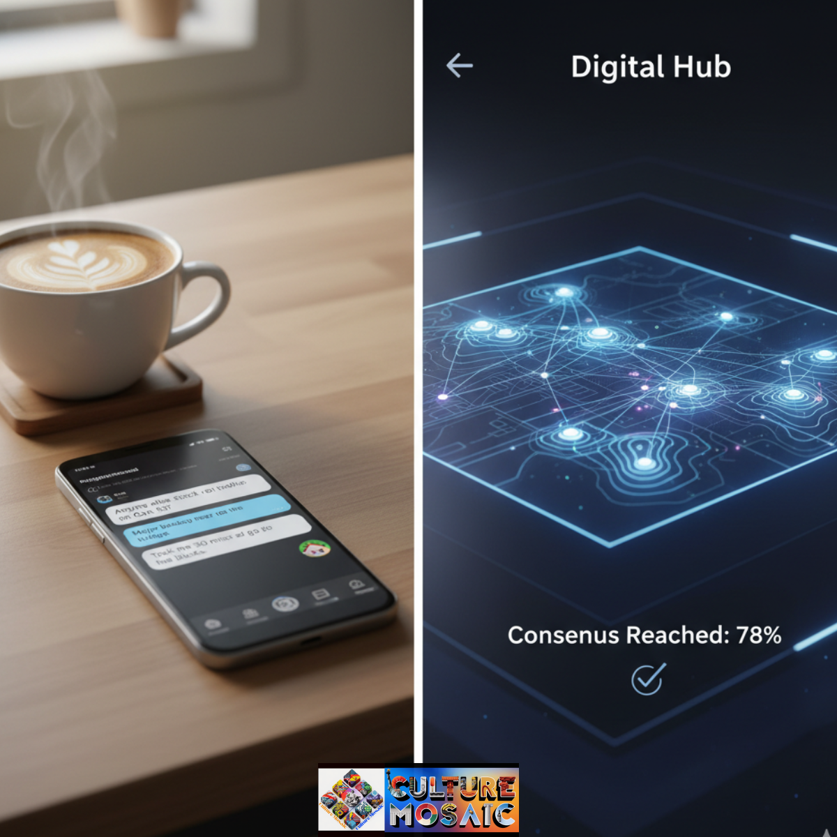 A split-screen visual representing hyperlocal digital deliberation, showing a neighborhood social media chat on a phone next to a professional community consensus data dashboard. Hyperlocal digital deliberation