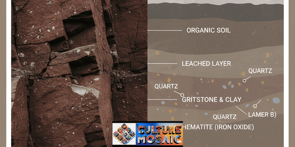 Material Provenance Documentation, A split-screen image showing a geological quarry site next to a forensic soil strata diagram, illustrating the geological origin of craft materials.