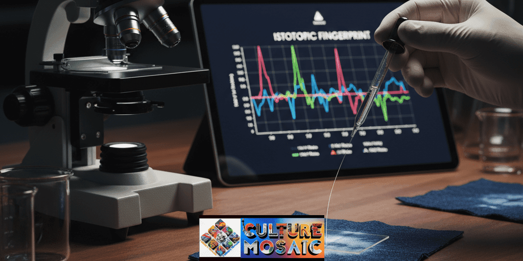 A laboratory setup showing a microscope, a spectrometer graph on a tablet, and a sample of indigo textile being tested for forensic provenance.
