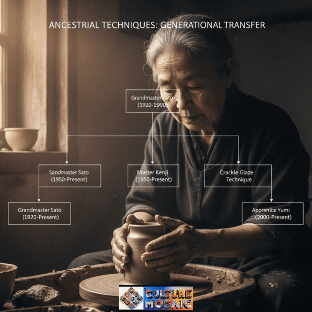 A high-contrast photo of an artisan's hands teaching an apprentice, overlaid with a digital lineage chart representing the maker's heritage record.