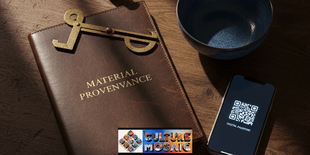 A leather-bound material provenance dossier on a wooden workbench surrounded by a ceramic bowl, brass calipers, and a smartphone showing a digital heritage passport.